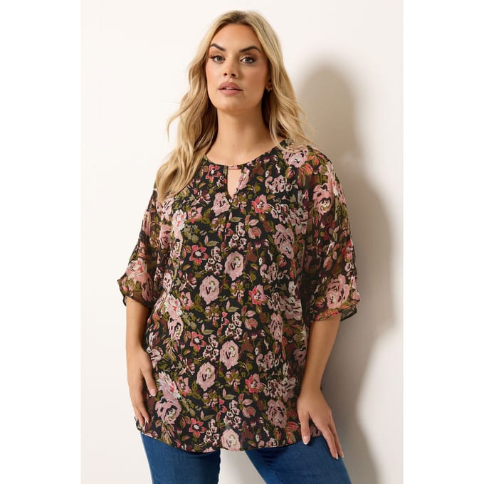 Yours Zwarte Bloemenprint Top Met Keyholedetail Size 46