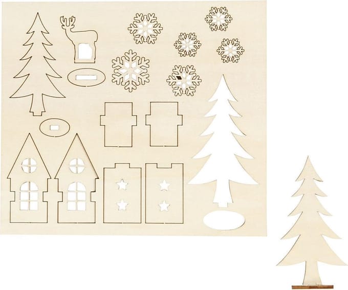 DIY Houten figuren, huis, bomen, hert, L: 15,5 cm, B: 17 cm, dikte 3 mm, 1 doos