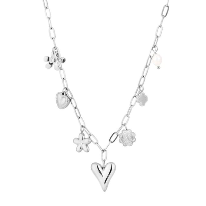 Bijoutheek Collier Bedels Charm Hartje Bloem Zilverkleurig