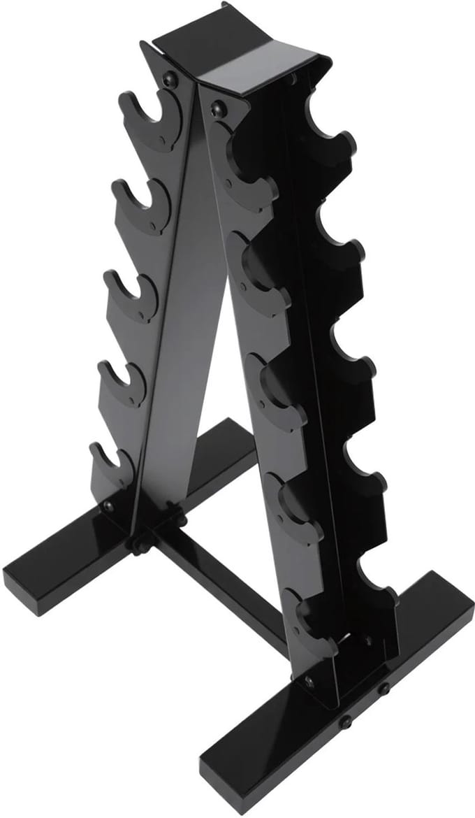 Sello! halterrek dumbells – A-frame – 5 paar – draagvermogen 100kg – rubberen houders – open ontwerp – stalen constructie
