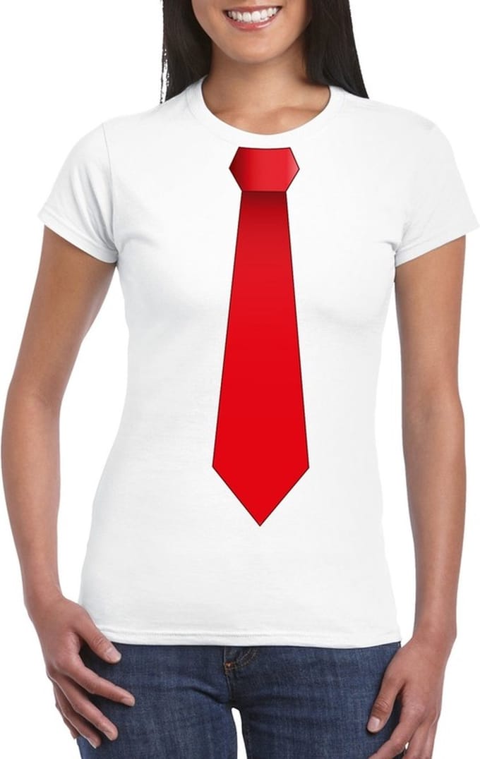 Wit t-shirt met rode stropdas dames L