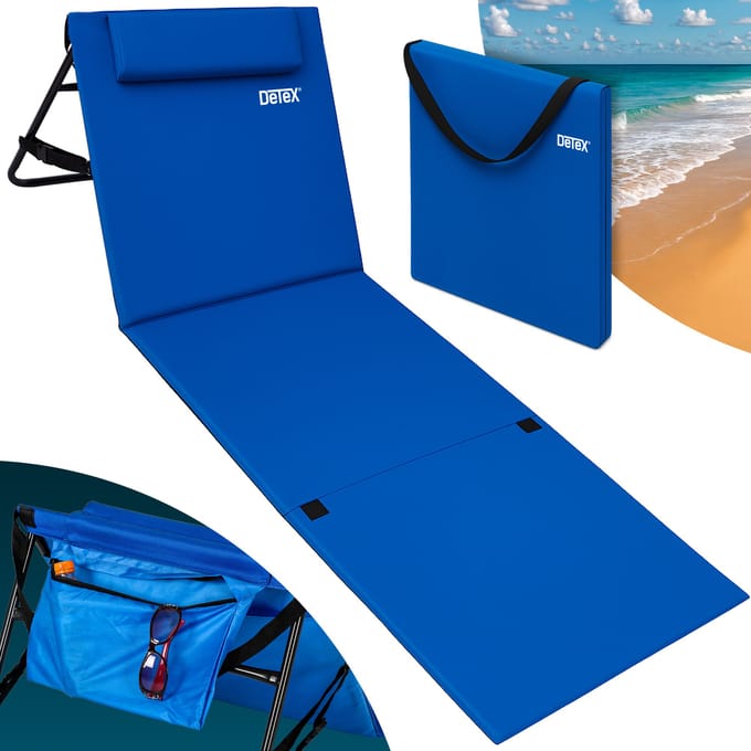Detex Strandmat Gewatteerd – Incl. Rugleuning& Opbergzak – Blauw