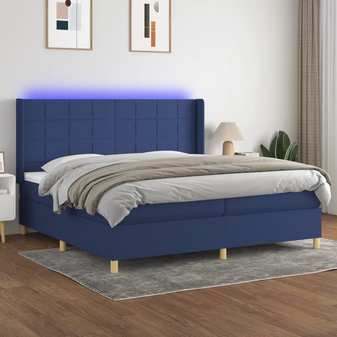 vidaXL - Boxspring - met - matras - en - LED - stof - blauw - 200x200 - cm