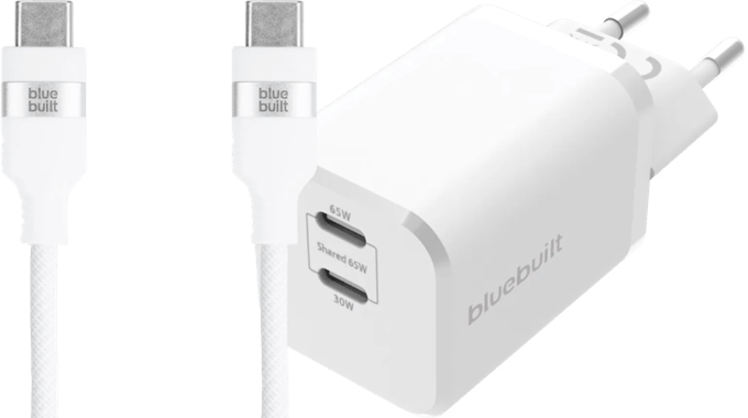 BlueBuilt Power Delivery Oplader met 2 Usb C Poorten 65W + Usb C Kabel 3m Nylon Wit