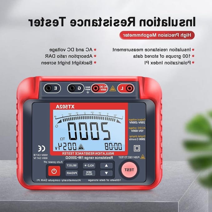 Isolatiemeter - Megger Tester - Elektrische Keuring - Variabele Uitgangsspanning - 200 G Ohm - Zwart