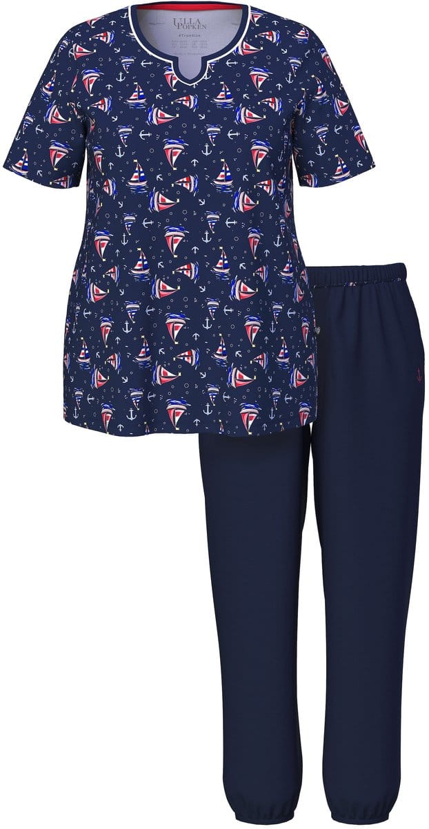 Ulla Popken - Dames - Pyjama zeilboot tuniekhals korte mouwen - Nachtblauw - Maat 42+