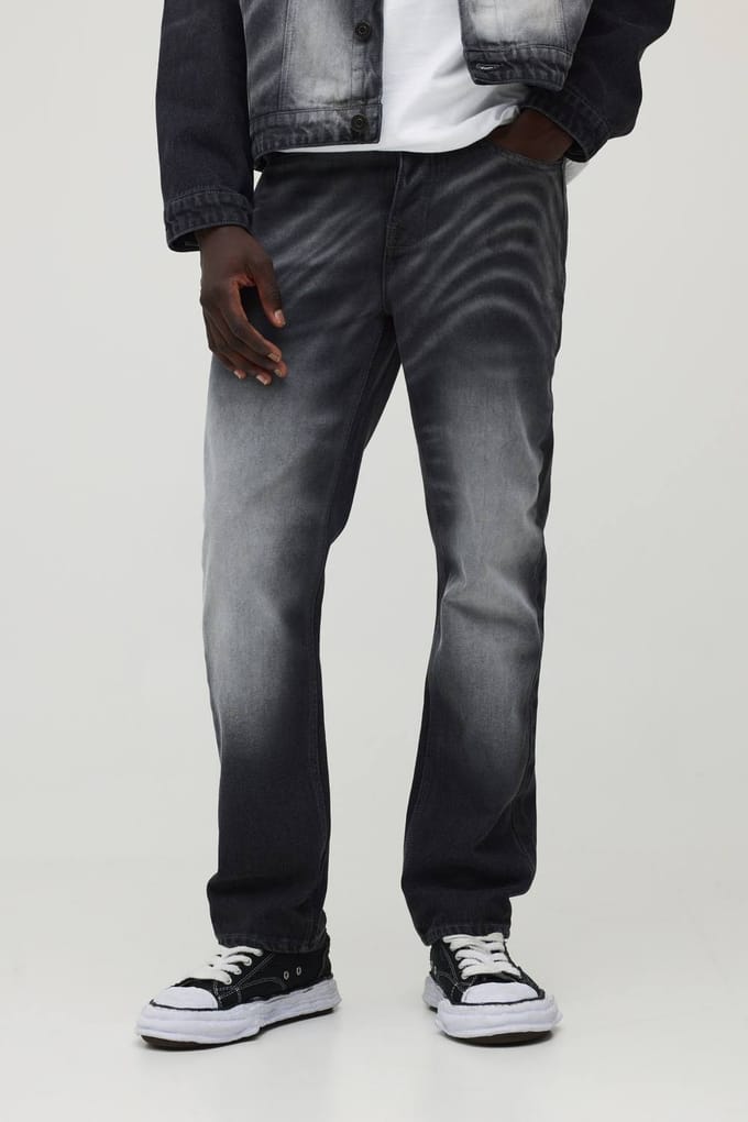 Straight Rigid Laser Print Marble Denim Jeans | Black | Size 56R