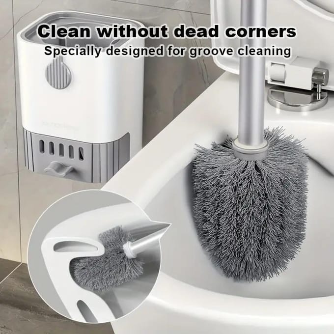 Brosse de toilette murale à long manche avec support, brosse flexible pour le nettoyage de la cuvette. gray