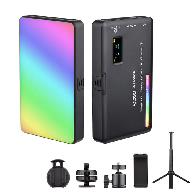 Andoer W140 RGB LED-videolampset Pocketvideoconferentieverlichting CRI95+ 2500K-9000K dimbaar 20 zwart