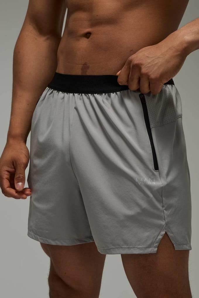 Man Active Perforated Stretch Woven Regular Fit 5inch Gym Short | Light Grey | Size 2XL