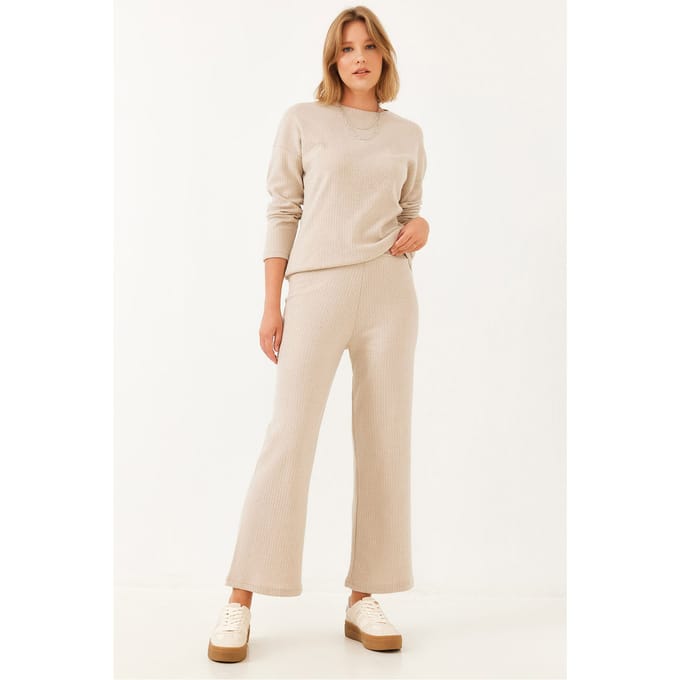 Geribbelde Textuur Crew Neck Trui en Broek Set