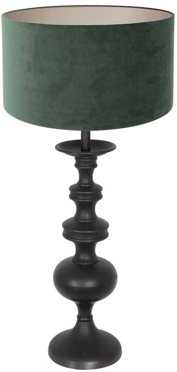 Tafellamp Lyons 3487ZW 58 cm hoog van hout en textiel in zwart met groen velours kap en snoer schakelaar Anne Light Home klassieke stijl