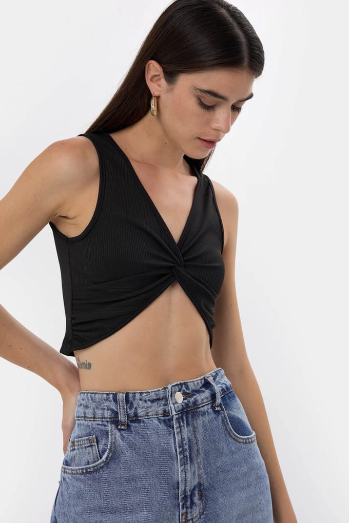 Effen Rib Twist Voorkant Crop Top