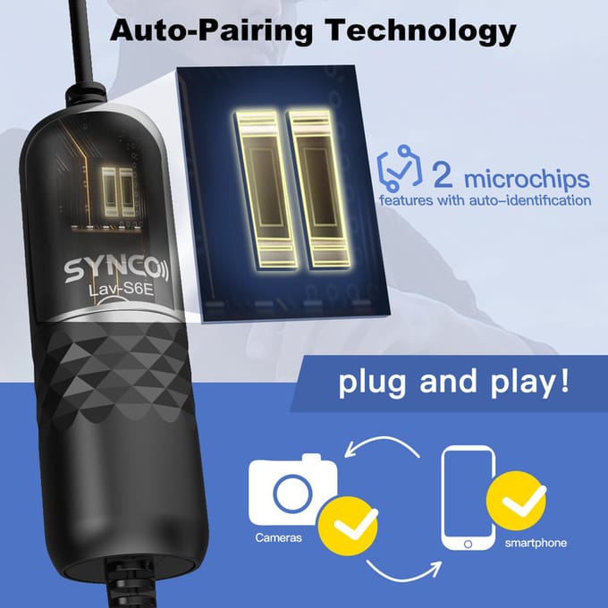 SYNCO Lav-S6E Professionele Lavalier Microfoon Clip-on Omnidirectionele Condensator Reversmicrofoon zwart