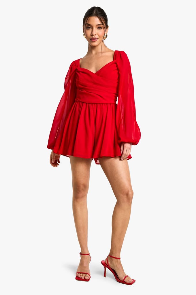 boohoo Dames Chiffon Playsuit met gespleten mouwen | Red | Maat: 8