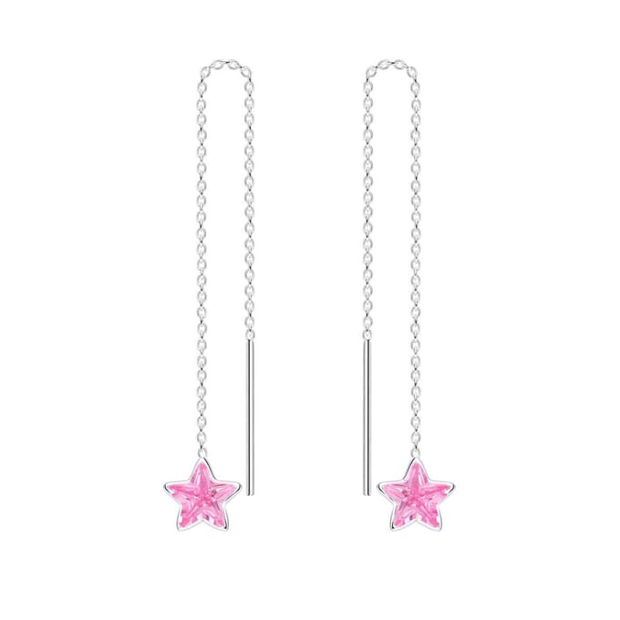 Joy|S - Zilveren ster (6 mm ) pull through oorbellen - kettinkje - zirkonia roze
