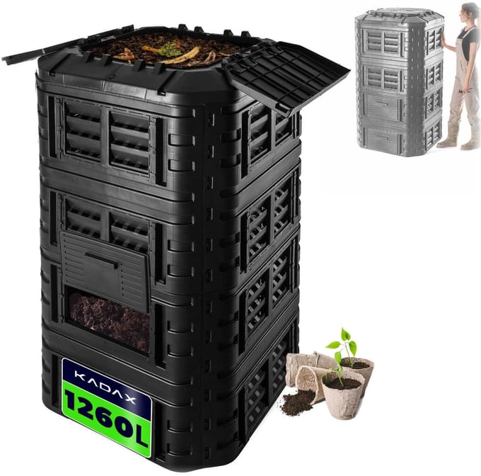 KADAX Module-composteersysteem, snelcomposter van kunststof, compostbak met drukknopen, zwarte thermocomposter met inklapbaar deksel (1260L)