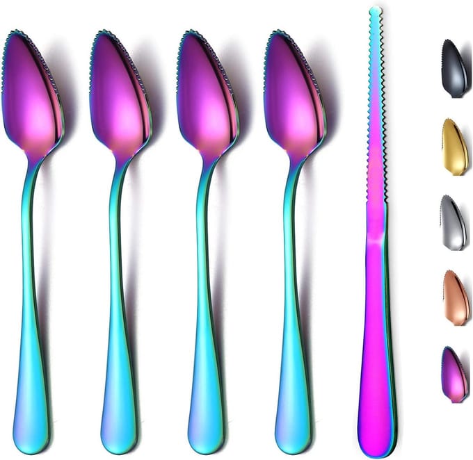 Rainbow Grapefruit Lepels 5 Stuks Set, 4 Roestvrijstalen Grapefruit Lepels En 1 Grapefruit Mes Met Titanium Plating, Grapefruit Gebruiksvoorwerp, Getande Randen Lepel Pak Van 5 (Rainbow)