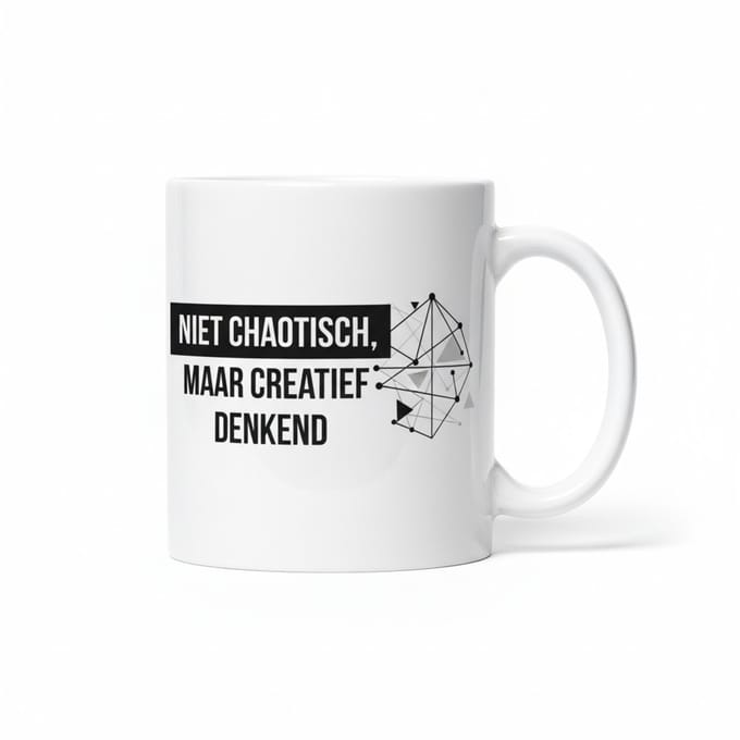 Creatieve Tekst Mok 330 ml – “Niet Chaotisch, Maar Creatief Denkend” Koffie- & Theemok Cadeau