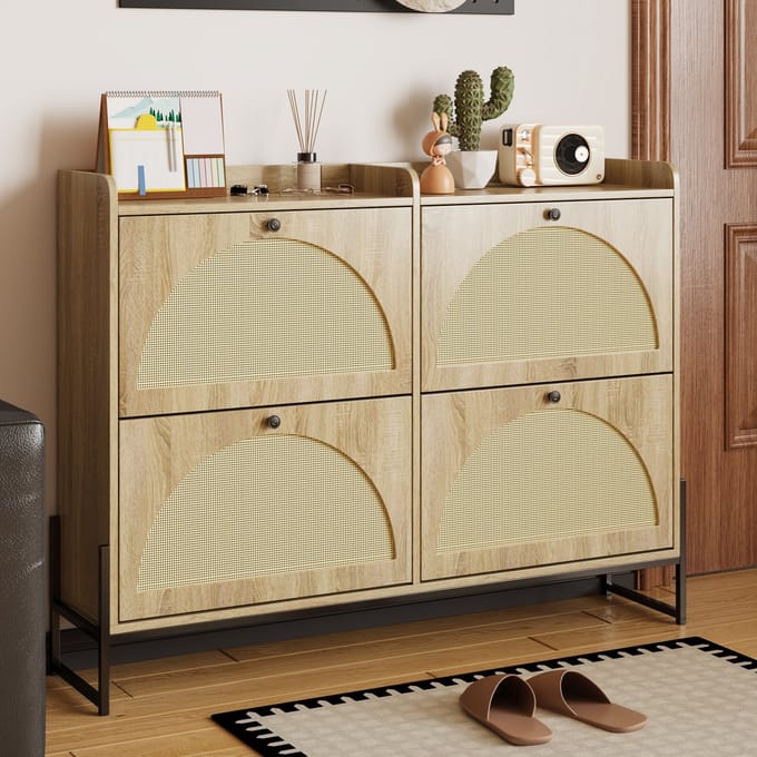 Clruro Schoenenkast - Met 4 Kleppen En Verstelbare Planken - Smal Ontwerp - Hout - Wit