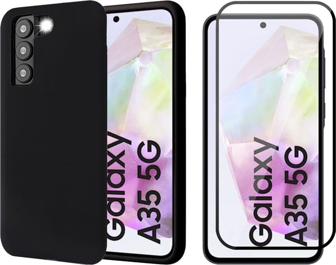 Hoesje geschikt voor Samsung Galaxy A35 - Screenprotector Volledig Dekkend Glas - Mat Back Case Zwart