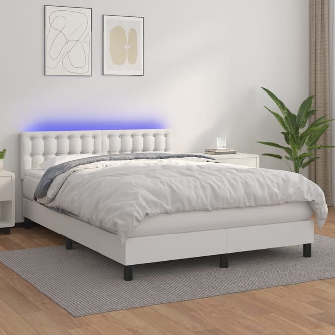 vidaXL - Boxspring - met - matras - en - LED - kunstleer - wit - 140x200 - cm