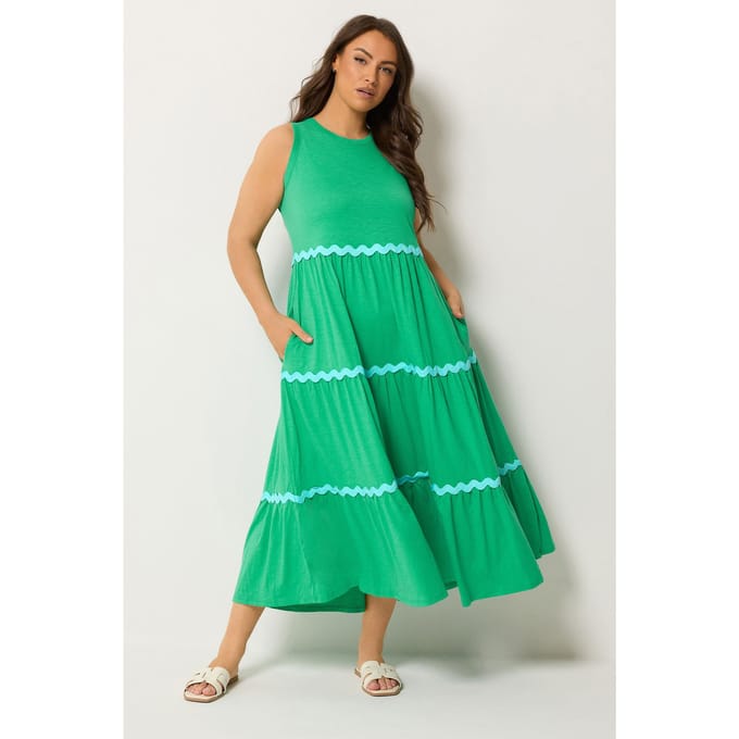 Yours Groene Maxijurk Met Gedraaide Rand En Laagjes Size 58-60