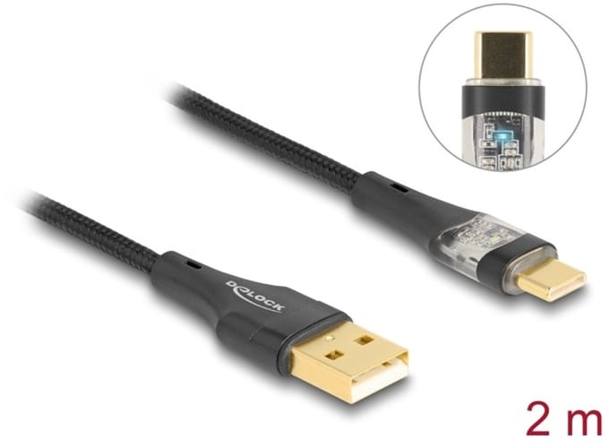 Delock USB 2.0 Cable Type-A male to USB Type-C™ male with Fast Charging 60 W transparent 2 m