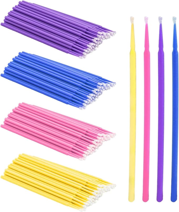 Pack van 400 Micro Applicators en Wattenstaafjes voor Wimperextensions, Wimperkleuring en Make-up, Inclusief 4 Kleurborstels