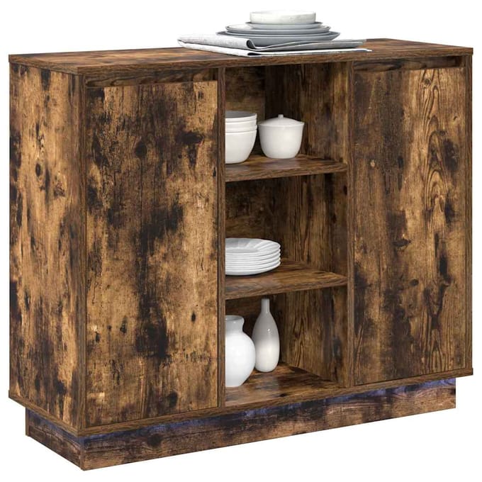 vidaXL - LED - Dressoir - Rook - Eiken - 90 - x - 32 - x - 75 - cm - Bewerkt - hout
