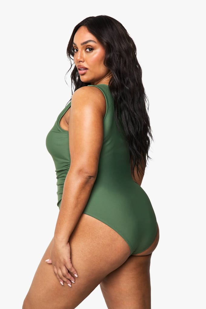 boohoo Dames Plus Tummy Control een-schouder badpak | Khaki | Maat: 22