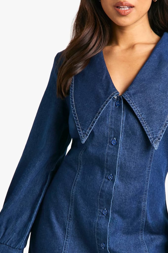 boohoo Dames Petite Kraag Detail Denim Shiftjurk | Blue | Maat: 12