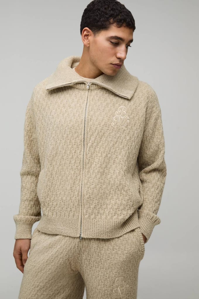 Regular Fit 1/4 Zip Funnel Neck Embroidered Knitted Sweatshirt | Taupe | Size Medium