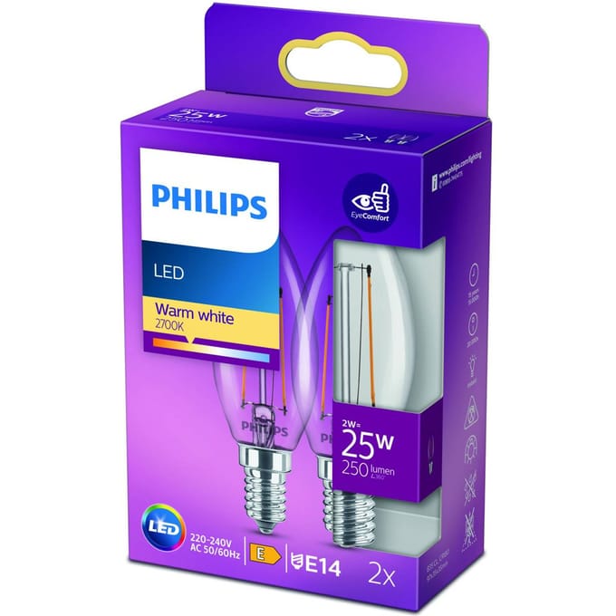 Philips LED lamp - Kaarslamp met E14 fitting - Warmwit licht: 2700K - 25W - Helder glas - 2-pack