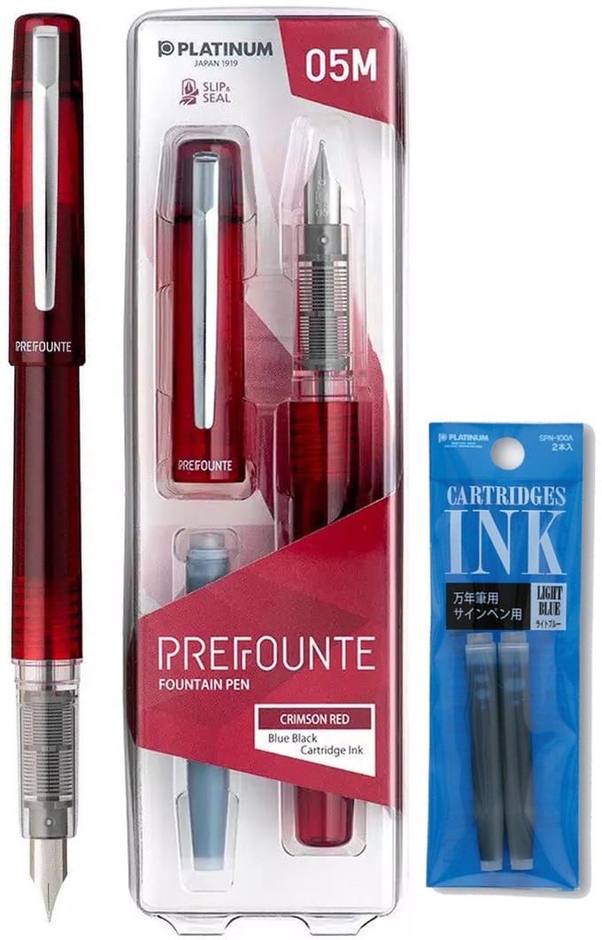 Platinum - Prefounte Vulpen - Fine - Crimson Red - Met Lichtblauwe vullingen