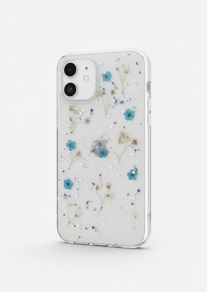 Iphone 15 telefoonhoesje - gedroogde bloemetjes - blauw