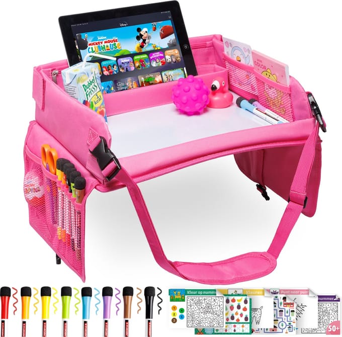 RX Goods Premium Reistafel met Tekentafel & Tablethouder– Opvouwbaar - Auto Organizer - Whiteboard - Roze