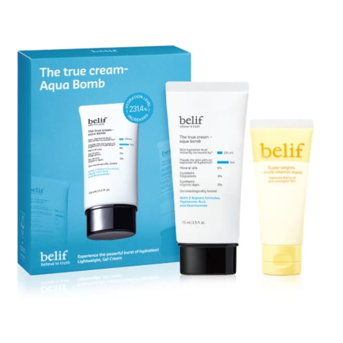belif The True Cream Aqua Bomb & Super Knights Multi Vitamine Mask Set - Aqua Bomb 75ml + Vitamine Masker 35ml blue