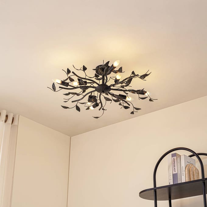Lindby plafondlamp Yos, 8-lamps, 85 cm, zwart-goud, E14
