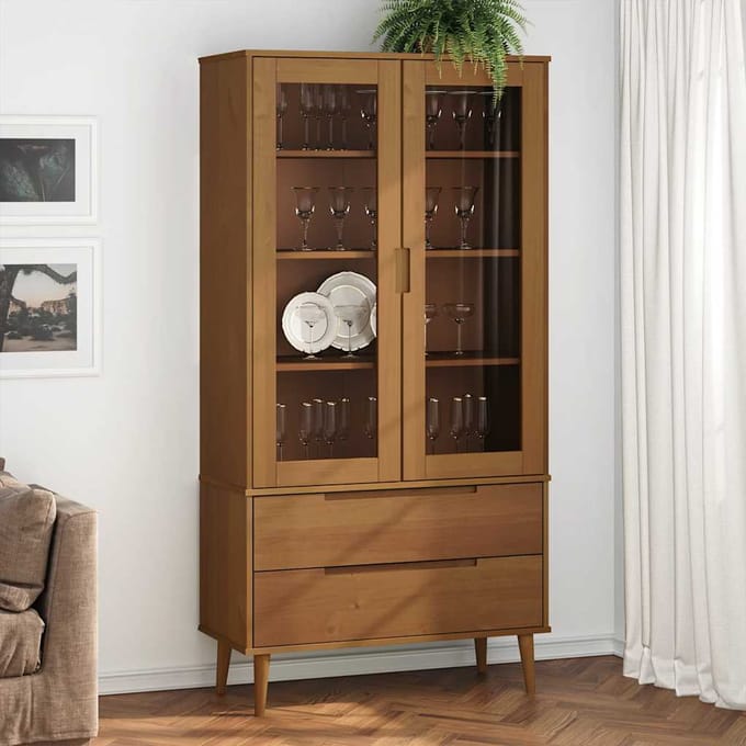 vidaXL - Vitrinekast - MOLDE - 90x35x175 - cm - massief - grenenhout - bruin