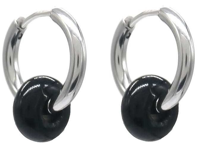 Oorringen met Steen - RVS - 16 mm - Zilverkleurig - Zwarte Steen