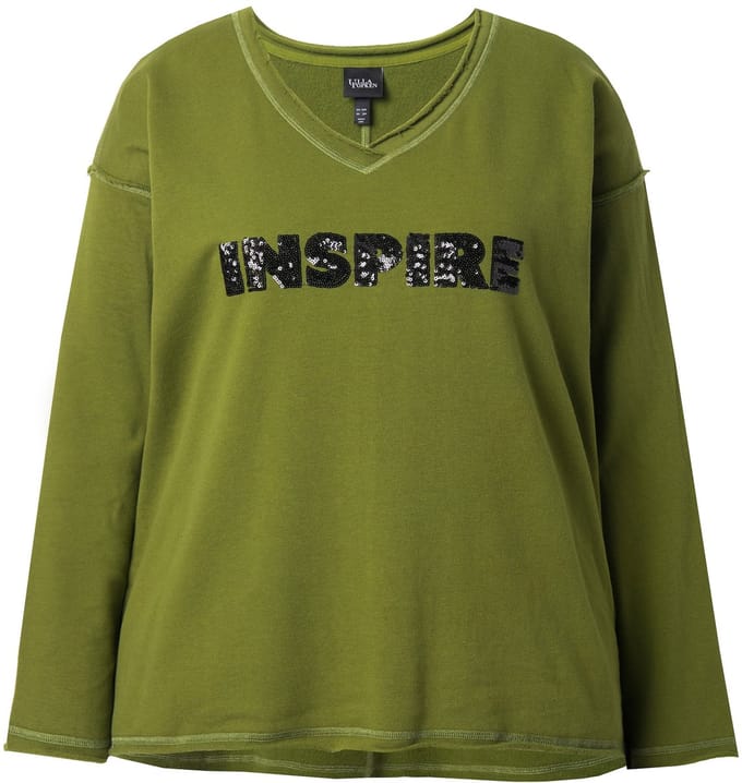 Ulla Popken - Dames - Sweatshirt paillet-letters V-hals lange mouwen - Dennengroen - Maat 62+