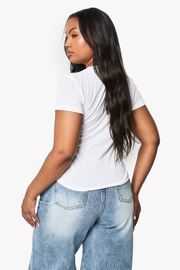 boohoo Dames Plus Pointelle korte mouw aansluitende top | Wit | Maat: 48
