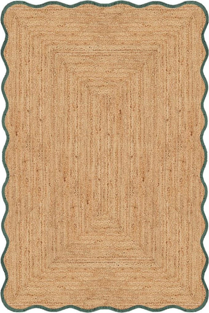 Jute vloerkleed scallop wafelstructuur naturel/groen Mrcarpet