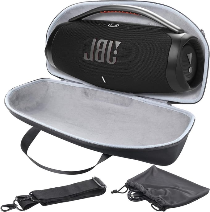 Hard Travel Case met Mini Accessoire Pouch en Schouderriem voor JBL Boombox 3 - Bescherming, Draagbaarheid en Stijlvol Ontwerp in Zwart en Grijs
