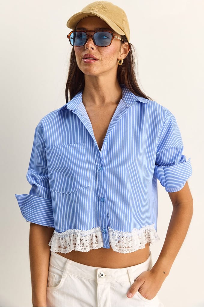 Gestreepte Korte Knop-Voorkant Shirt