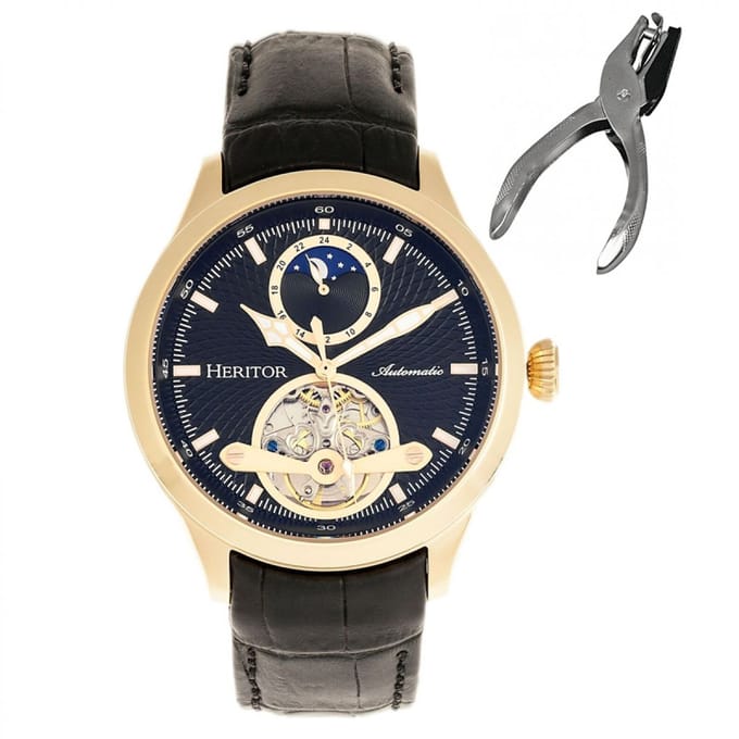 Heritor Automatic Gregory Semi-Skelet Horloge met Leren Band - Goud/Zwart