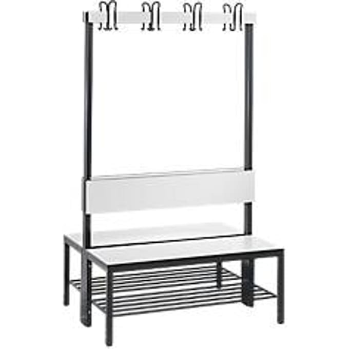 Garderobebank Basic Plus, 2-zijdig, rugleuning, met schoenenrek, basisframe zwart-grijs RAL 7021, B 1000 mm, decor wit