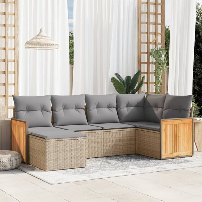 vidaXL - 6-delige - Loungeset - met - kussens - poly - rattan - beige