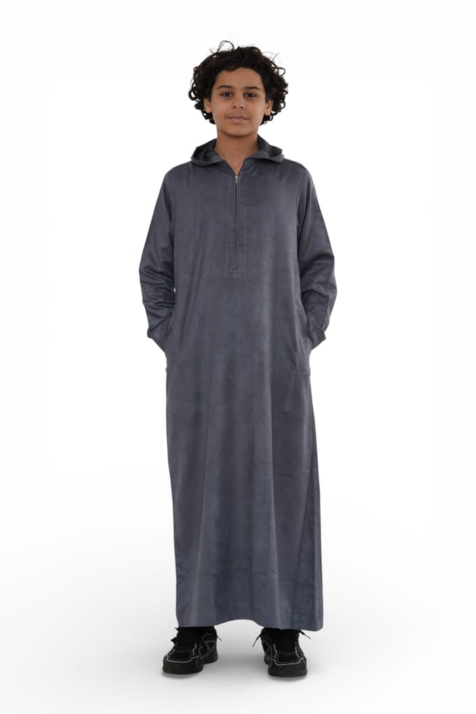 Kinderen jongens Eid grijze Marokkaanse Jubba gewaad Ramadan Eid Thobe met capuchon - K-HM12